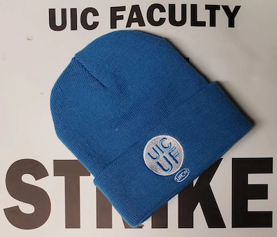 UIC faculty on strike, with UIC-UF hat