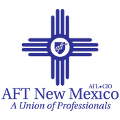 AFT New Mexico logo, a blue cross with "AFT" in the middle on a shield. Text: "AFT New Mexico, a union of professionals, AFL-CIO"