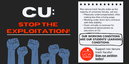 Banner image says "CU: Stop the Exploitation. Sign the petition today." and has text about why to sign it (in post).