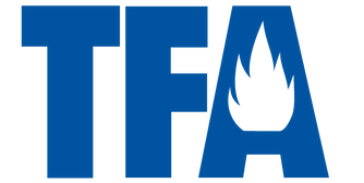 Blue letters TFA, with a white fire inside the letter A.