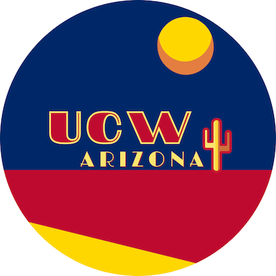 Abstract depiction of a cactus and the sun with the words "UCW Arizona"