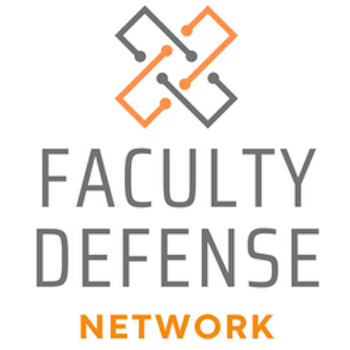 Text reads Faculty Defense Network, with abstract logo above, all in grey and orange colors.