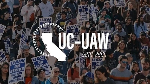 Picketers crowd the background. White text in front reads "UC-UAW 5810 2865" next to a white silhouette of California surrounded by a circle of white stars.