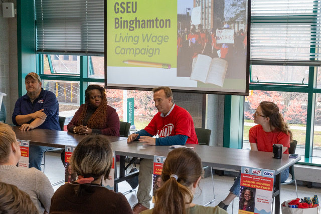 Campus Labor Council meets at Binghamton University with NY State Senator Lea Webb to discuss our Living Wage Campaign. From left to right, CSEA Executive Vice President Jeff Zepkowski, Senator Lea Webb, UUP Binghamton Chapter President Brendan McGovern, GSEA President Camille Gagnier.