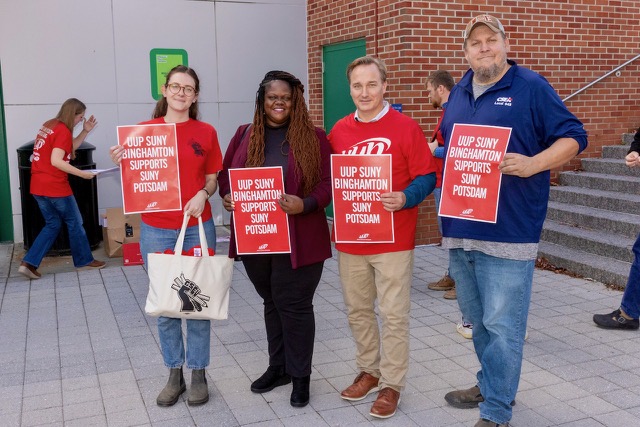 Senator Lea Webb and leaders of the three largest bargaining units at Binghamton University show their support for SUNY Potsdam. From left to right, GSEA President Camille Gagnier, Senator Lea Webb, UUP Chapter President Brendan McGovern, CSEA Executive Vice President Jeff Zepkowski.