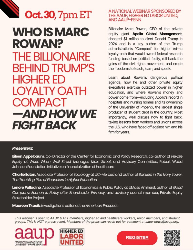 Flyer for "Who is Mark Rowan?" event. Text same as above, with AAUP and HELU logos.