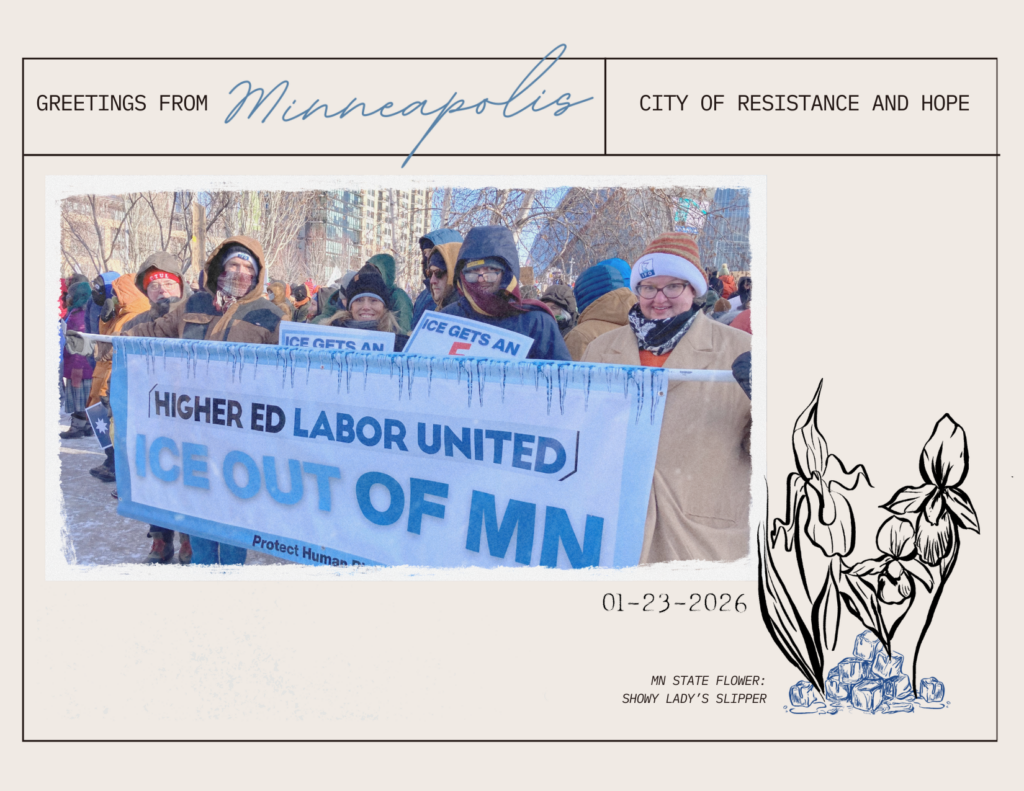 Front of HELU Minnesota postcard with image from 1/23 Minneapolis action and MN state flower.