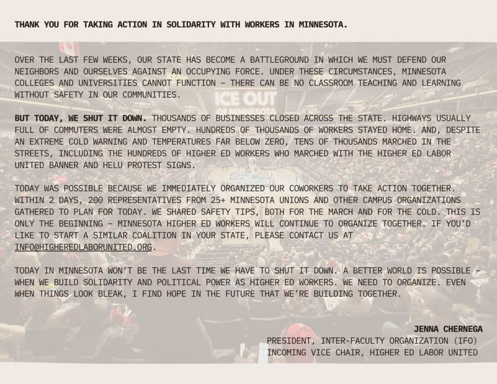 Back of HELU Minnesota postcard with message from Jenna Chernega, HELU Vice Chair and IFO President.