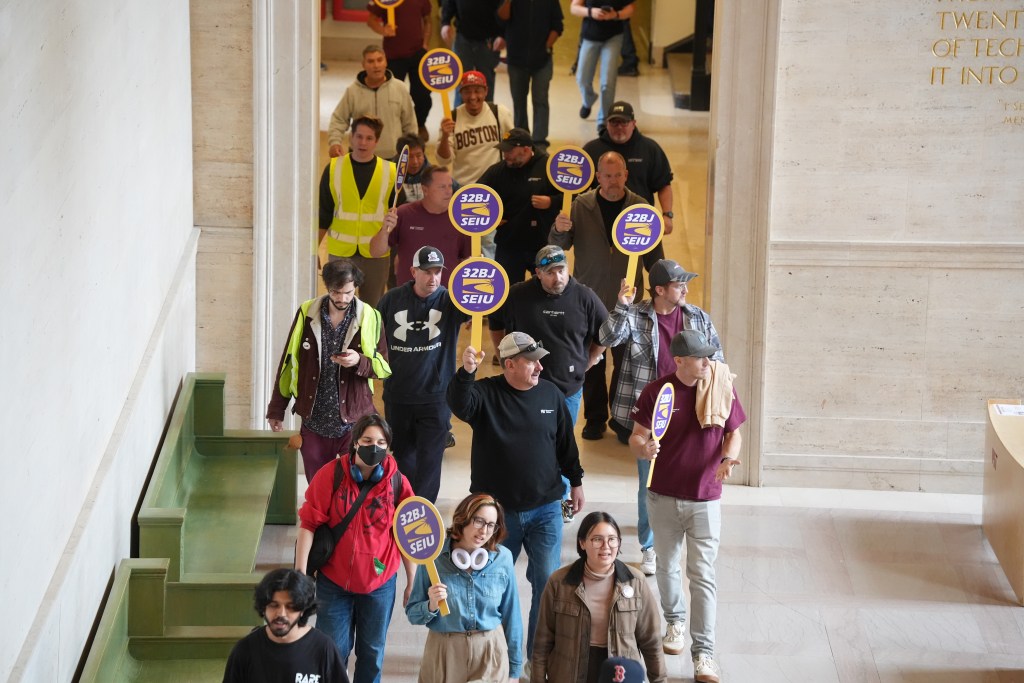 Members of 32BJ SEIU and MIT GSU marched through MIT after delivering a petition to the office of MIT President Sally Kornbluth on September 29, 2026. Photo provided by 32BJ.